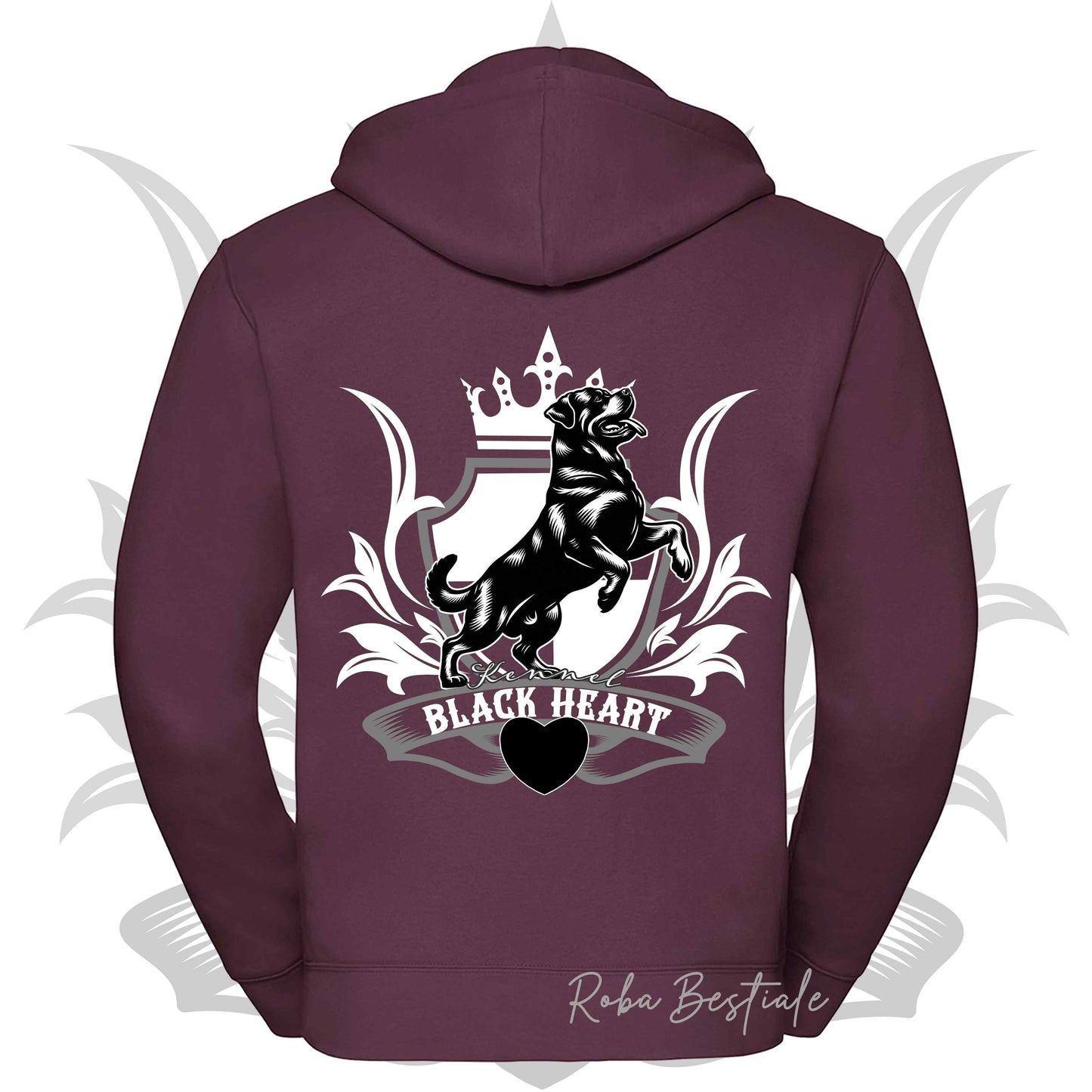 Felpa BLACK HEART Kennel - BORDEAUX - Felpata, Con Cappuccio e Full Zip, Uomo o Donna - dalla XS alla 5XL