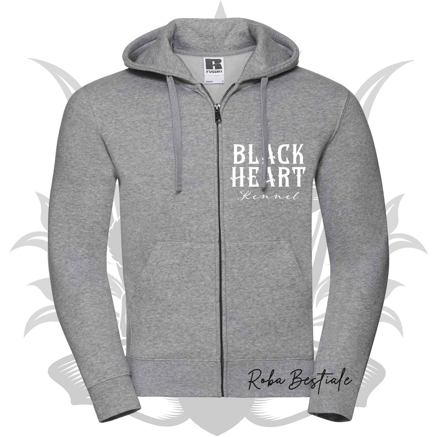 Felpa BLACK HEART Kennel - GRIGIO CHIARO - Felpata, Con Cappuccio e Full Zip, Uomo o Donna - dalla XS alla 5XL