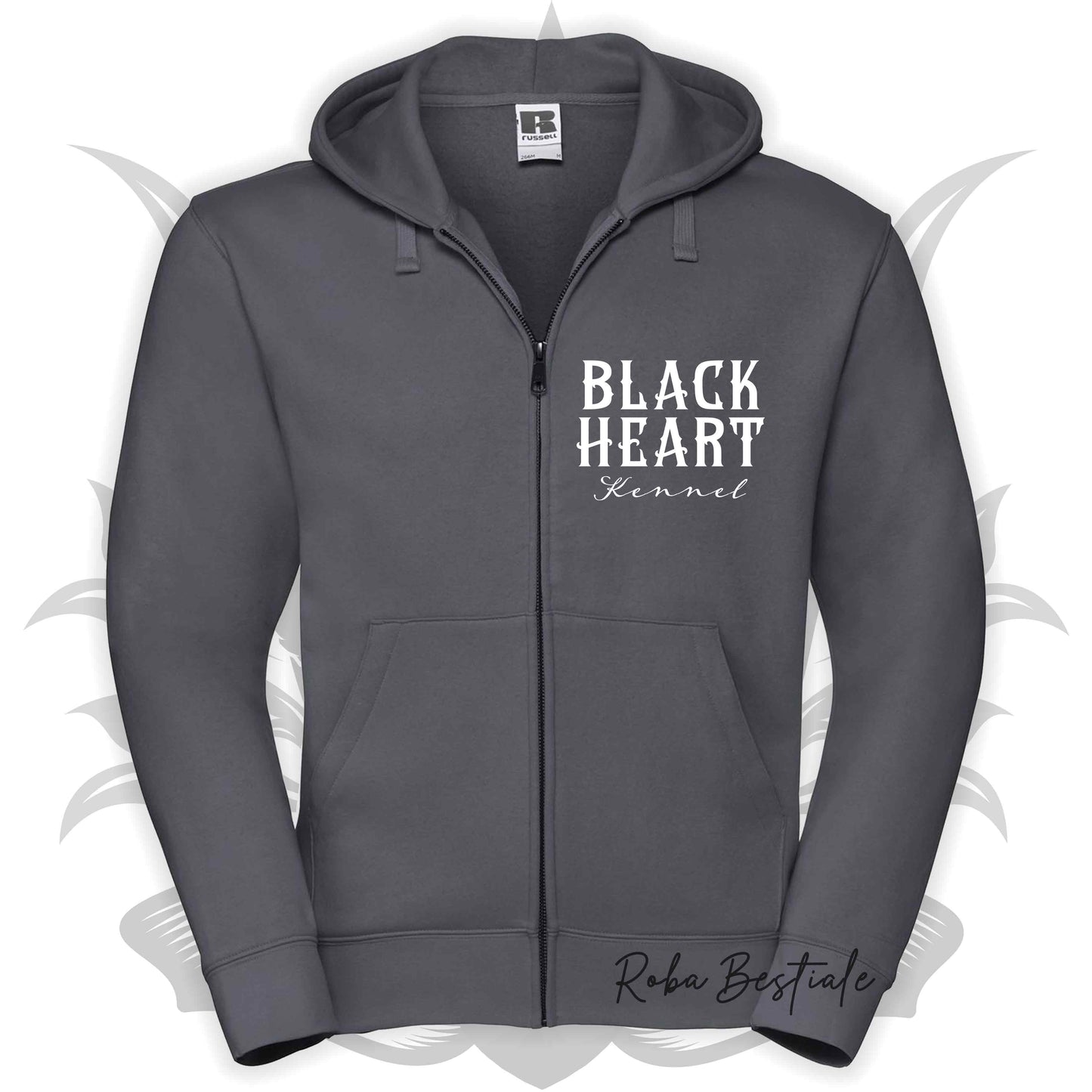 Felpa BLACK HEART Kennel - GRIGIO SCURO - Felpata, Con Cappuccio e Full Zip, Uomo o Donna - dalla XS alla 5XL