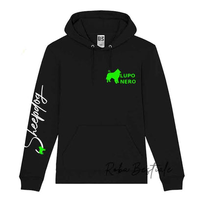 Felpa Invernale IL LUPO NERO - Unisex - Cappuccio e Tasche a Canguro - Nera dalla XS alla 3XL