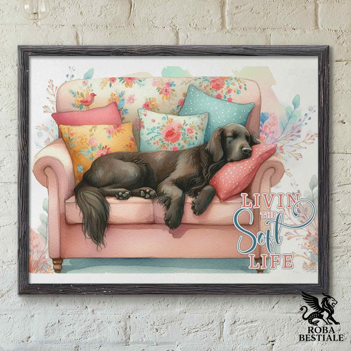 Quadretto SOFT LIFE - FLAT COATED RETRIEVER Fegato - Con cornice in legno, formato A4