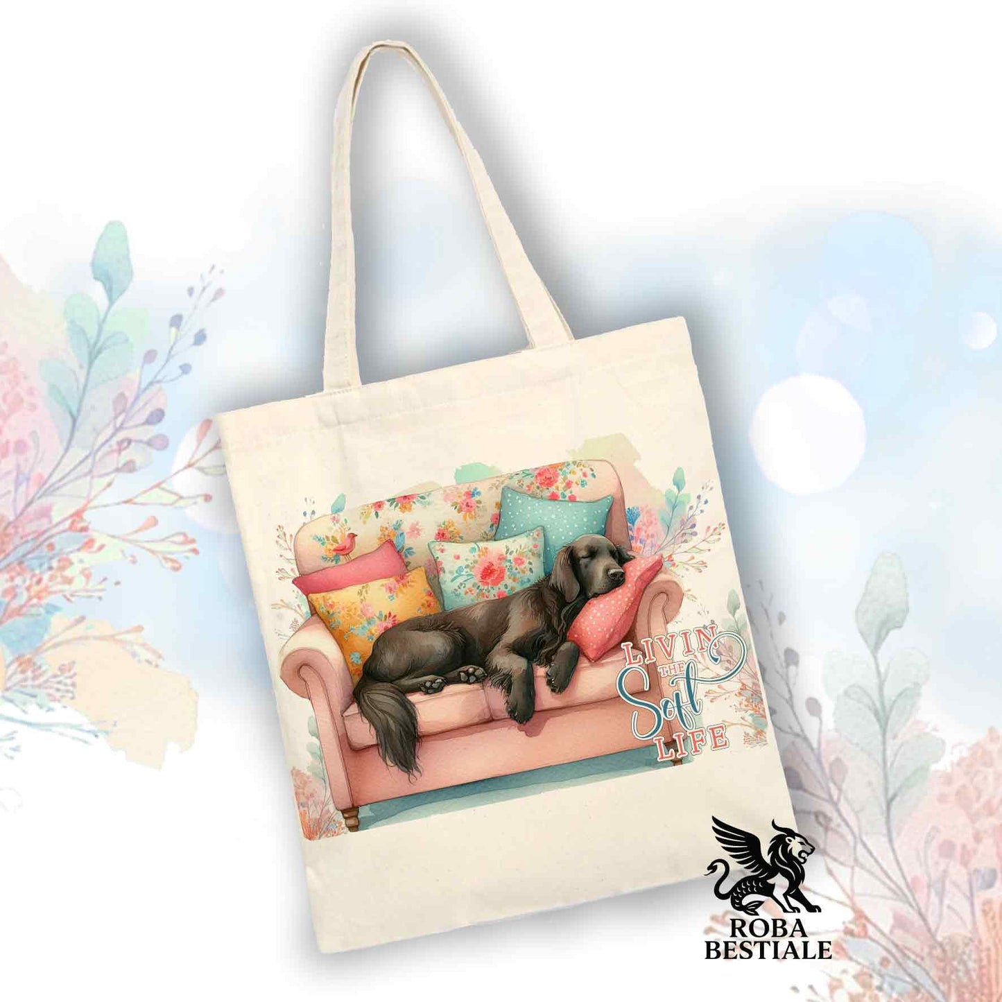 Tote Bag SOFT LIFE - FLAT COATED RETRIEVER Fegato - 100% Cotone - Bianca o Beige