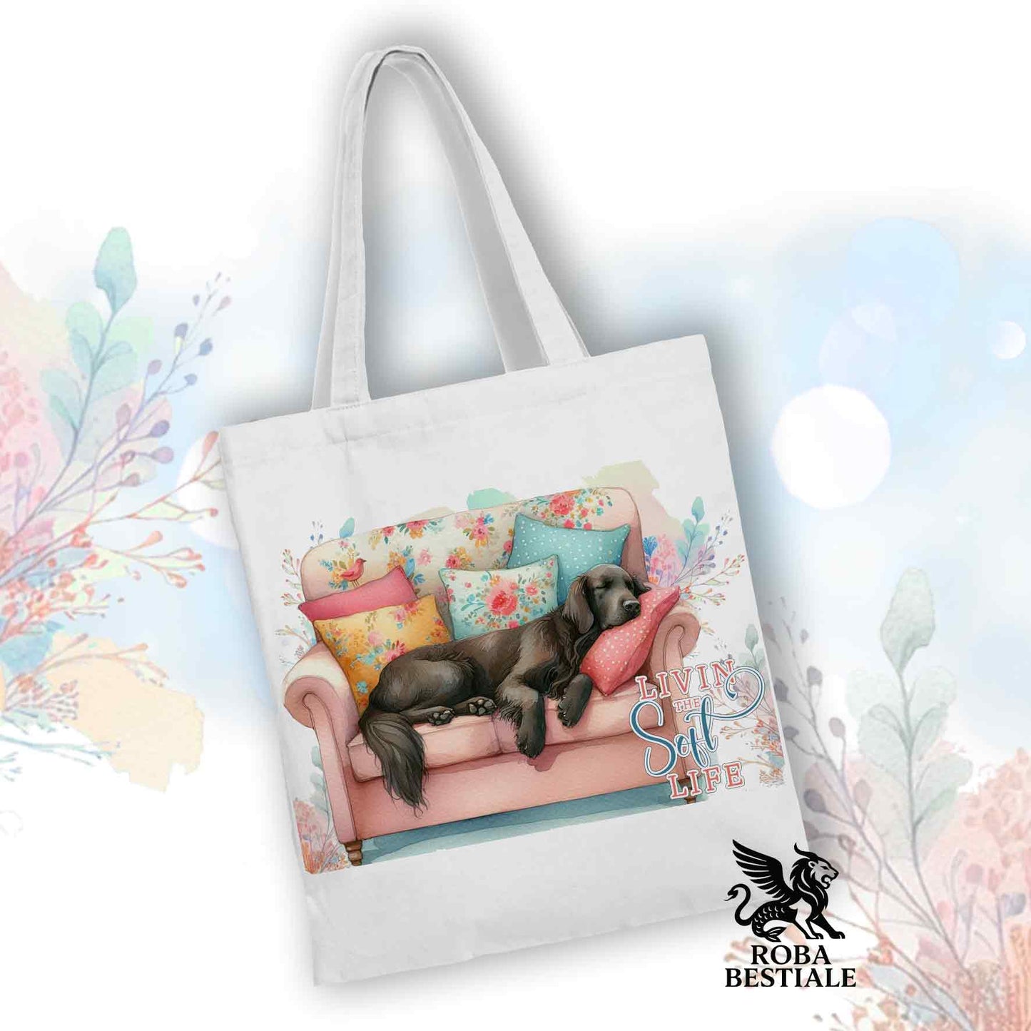 Tote Bag SOFT LIFE - FLAT COATED RETRIEVER Fegato - 100% Cotone - Bianca o Beige