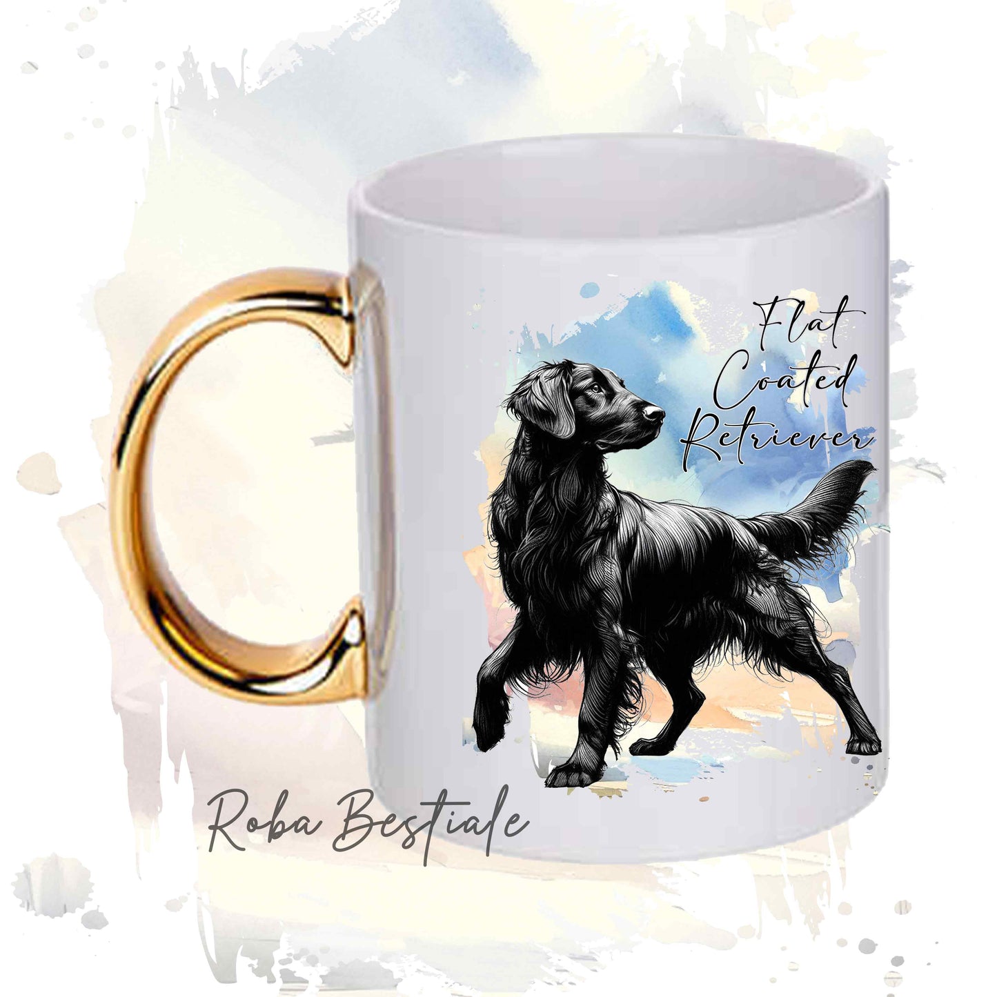 Tazza BEHAVIOR - FLAT COATED RETRIEVER Nero - Standard FCI - In Ceramica, con manico dorato - 330 ml