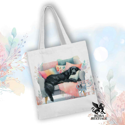 Tote Bag SOFT LIFE - FLAT COATED RETRIEVER Nero - 100% Cotone - Bianca o Beige