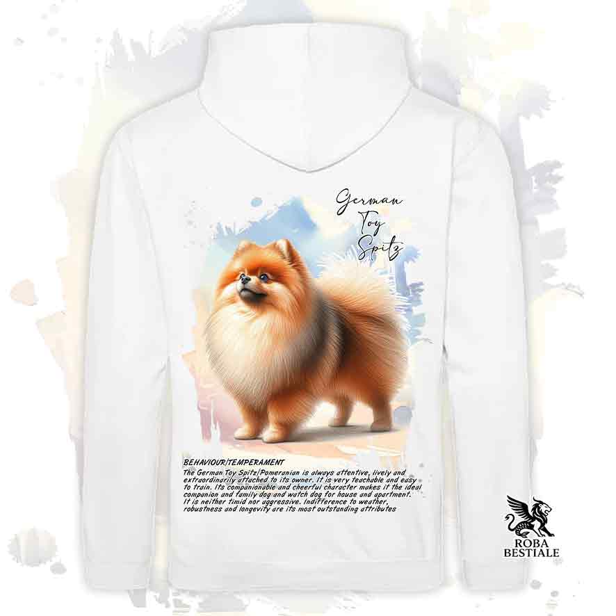 Felpa stampata con Spitz Tedesco Nano Toy arancio, colore bianco con grafica Behavior