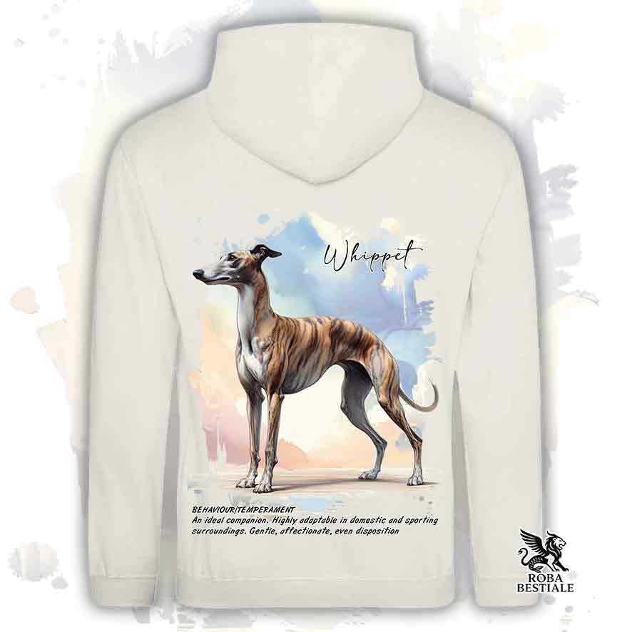 Felpa con un Whippet tigrato, modello unisex in colore bianco con grafica Behavior