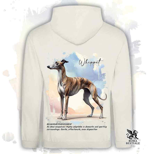 Felpa con un Whippet tigrato, modello unisex in colore bianco con grafica Behavior