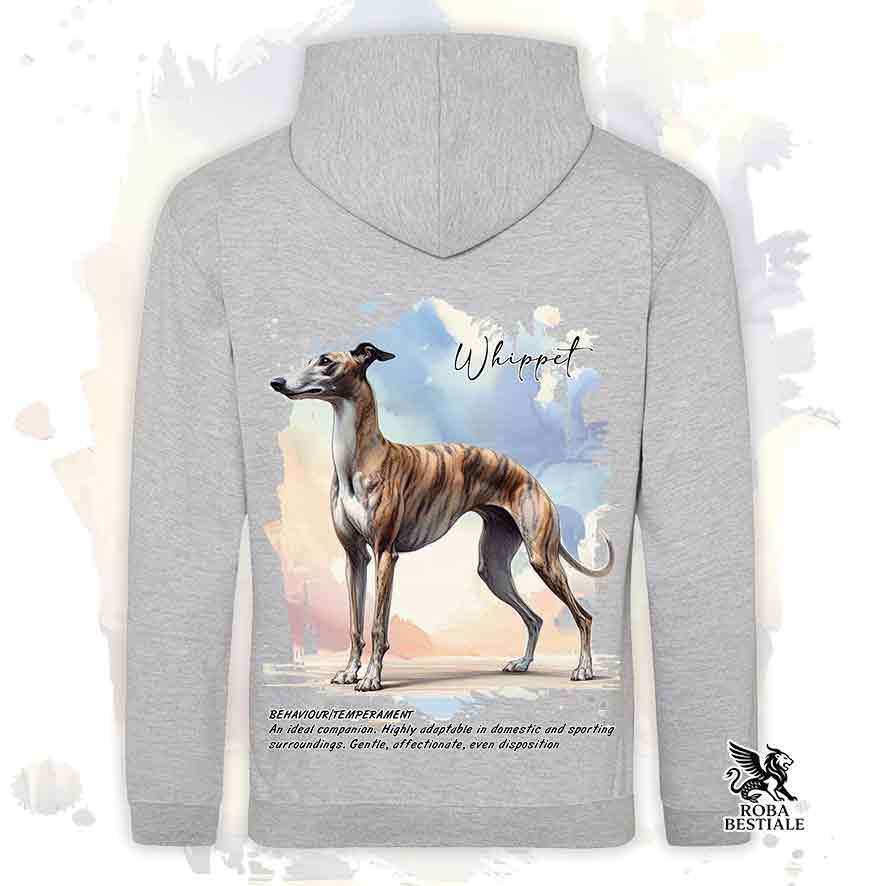Felpa cappuccio e tasconi con Whippet tigrato, color Heather Grey con grafica Behavior