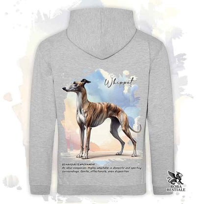 Felpa cappuccio e tasconi con Whippet tigrato, color Heather Grey con grafica Behavior