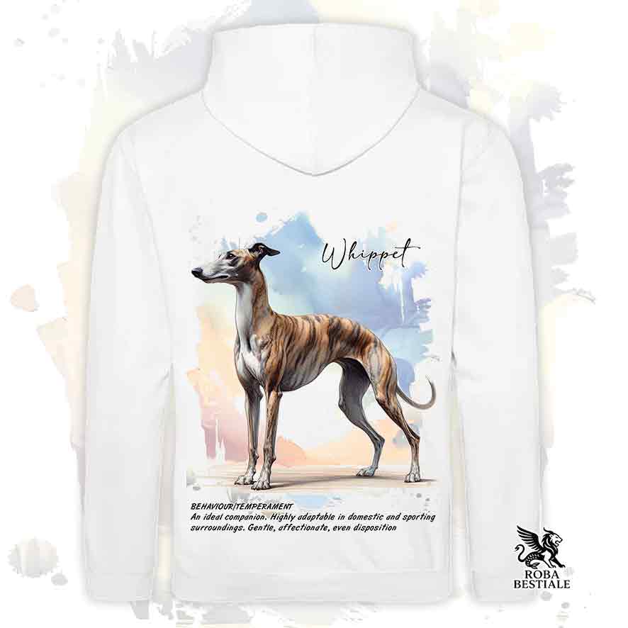 Felpa cappuccio e tasconi con Whippet tigrato, colore bianco con grafica Behavior