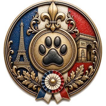 Un badge che identifica la Francia come paese d'origine di cani di diverse razze