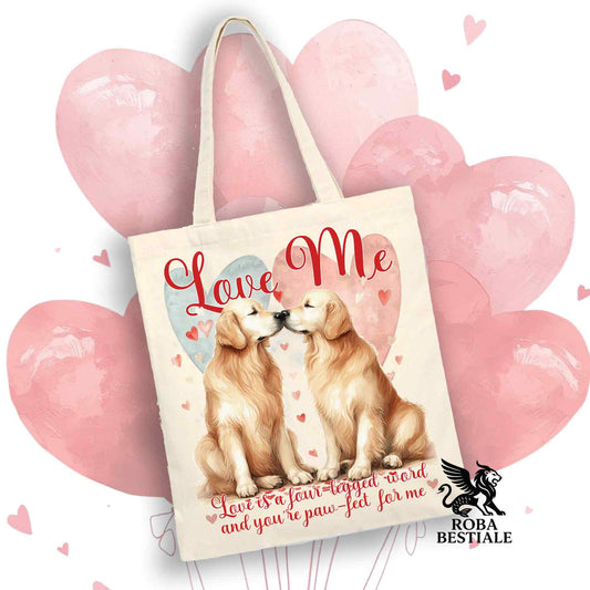 Tote Bag LOVE ME - GOLDEN RETRIEVER - 100% Cotone - Bianca o Beige