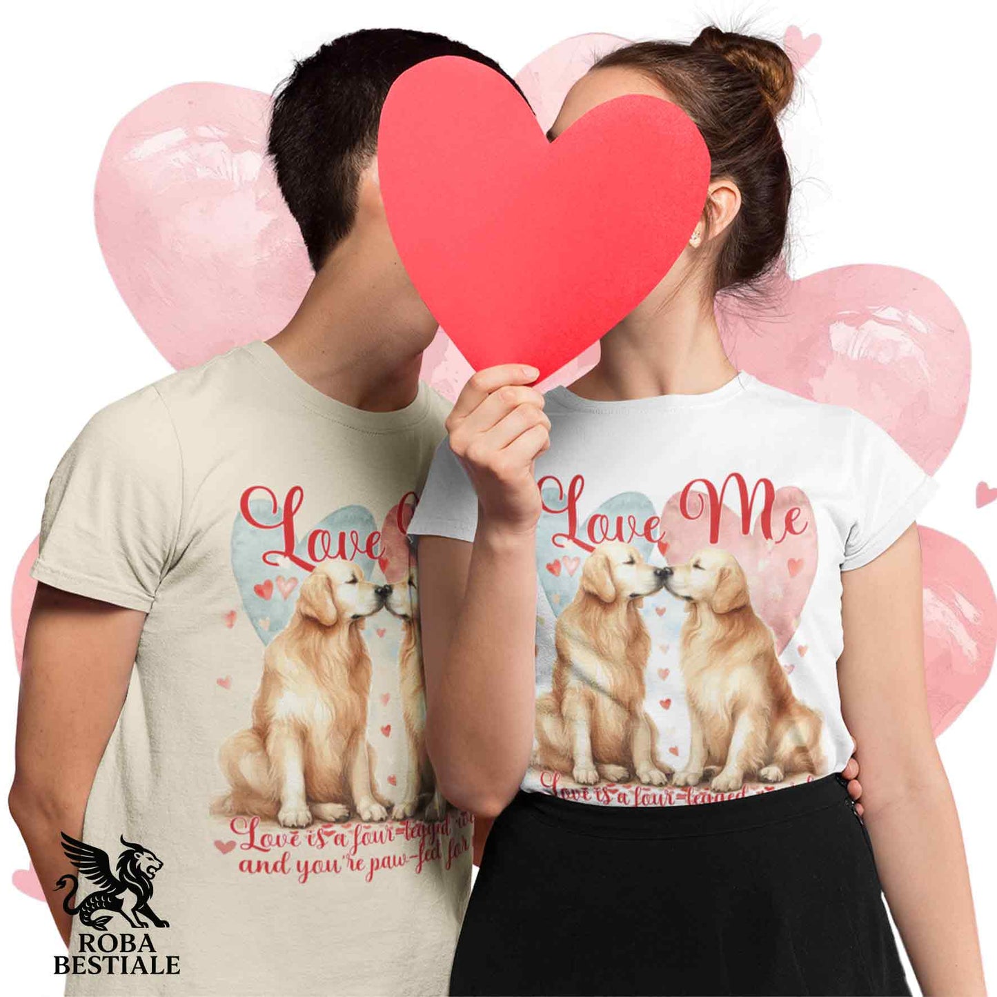 T-shirt LOVE ME - GOLDEN RETRIEVER - Bianca o Beige, Uomo o Donna - dalla XS alla 5XL