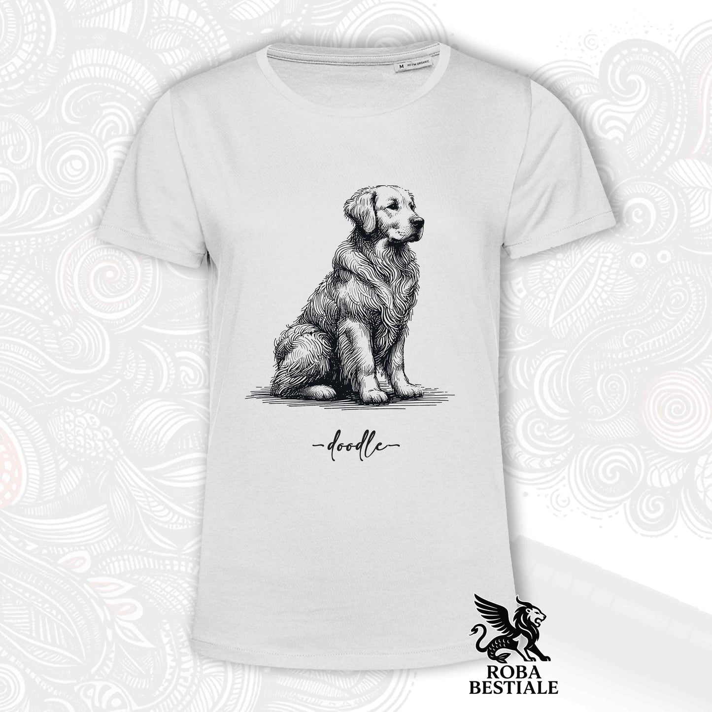 T-Shirt DOODLE - GOLDEN RETRIEVER - Bianca o Beige, da Uomo o da Donna - dalla XS alla 5XL