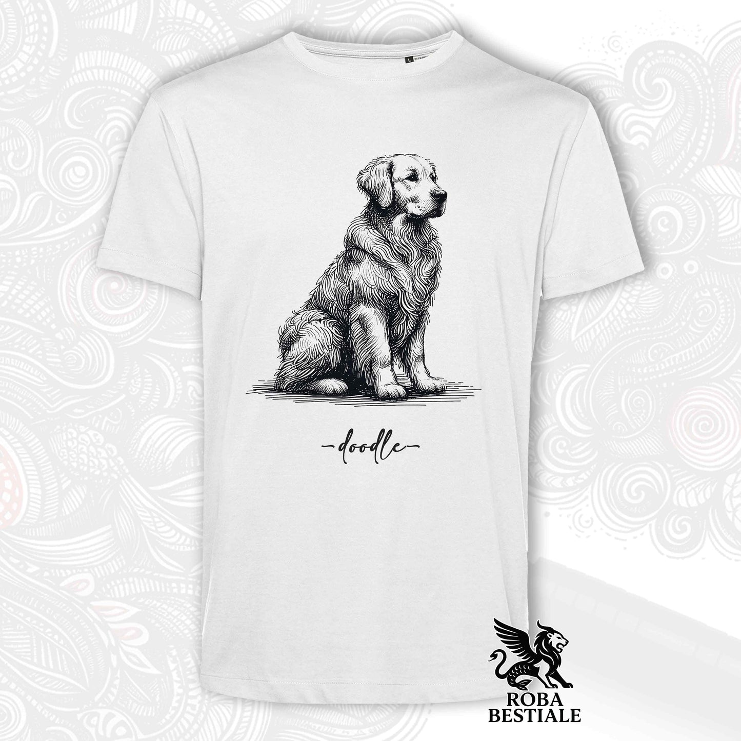 T-Shirt DOODLE - GOLDEN RETRIEVER - Bianca o Beige, da Uomo o da Donna - dalla XS alla 5XL