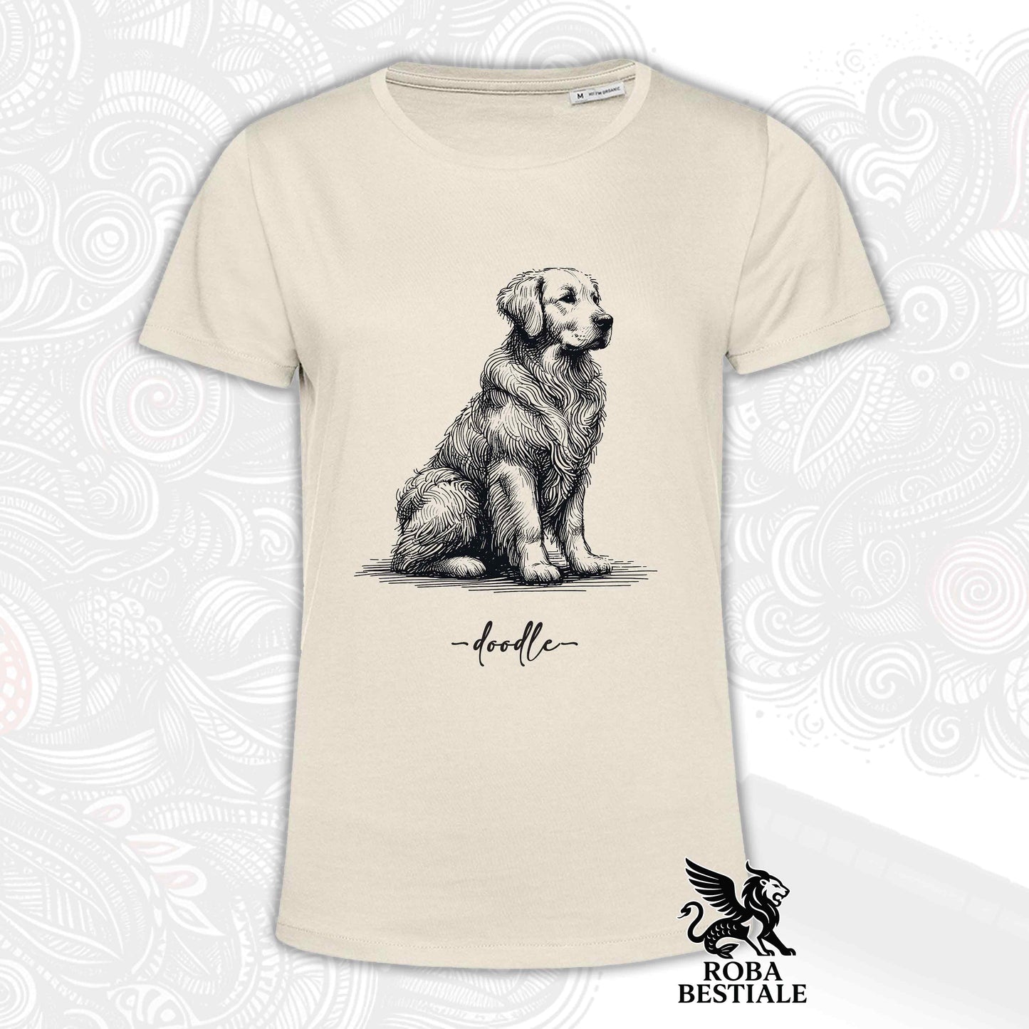 T-Shirt DOODLE - GOLDEN RETRIEVER - Bianca o Beige, da Uomo o da Donna - dalla XS alla 5XL