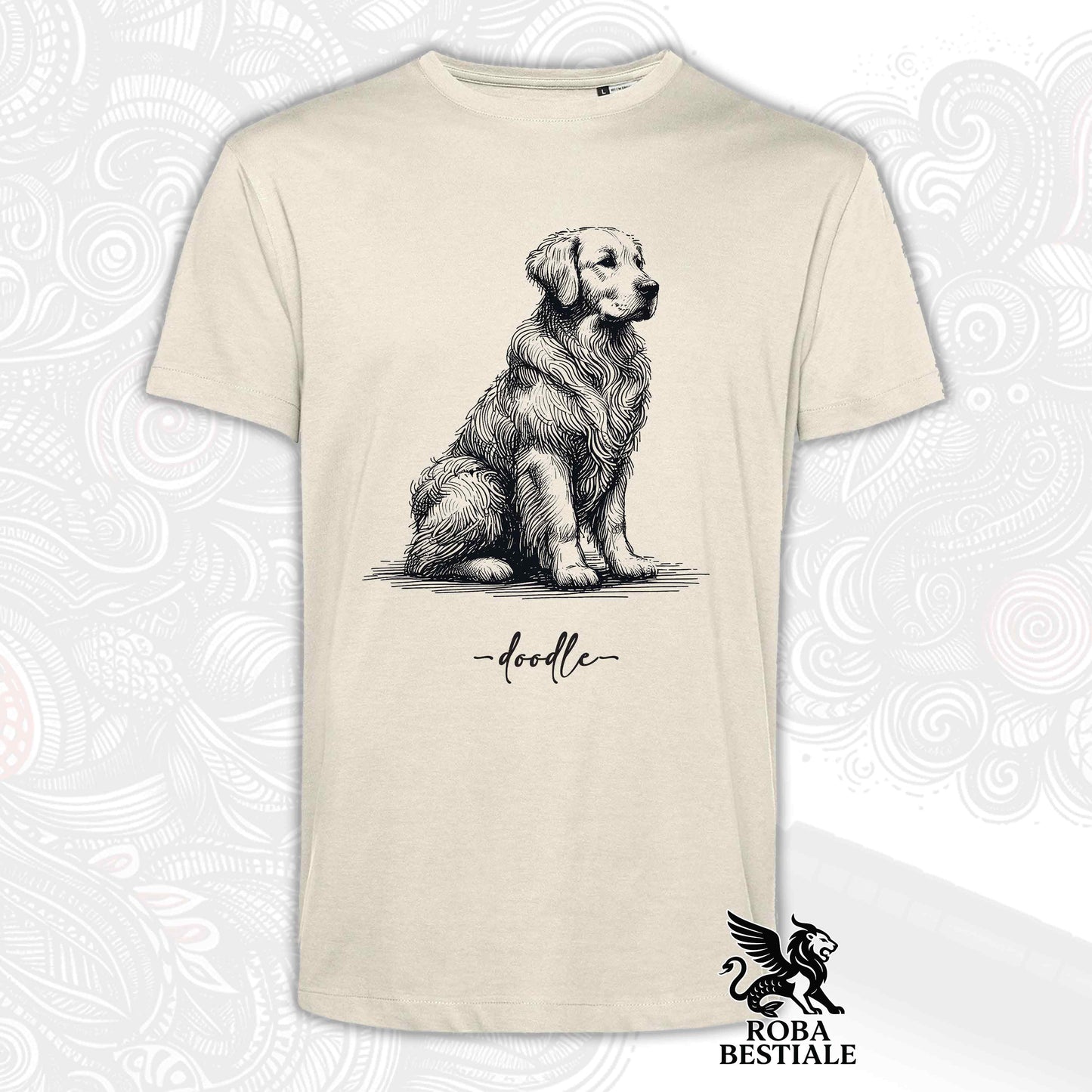 T-Shirt DOODLE - GOLDEN RETRIEVER - Bianca o Beige, da Uomo o da Donna - dalla XS alla 5XL