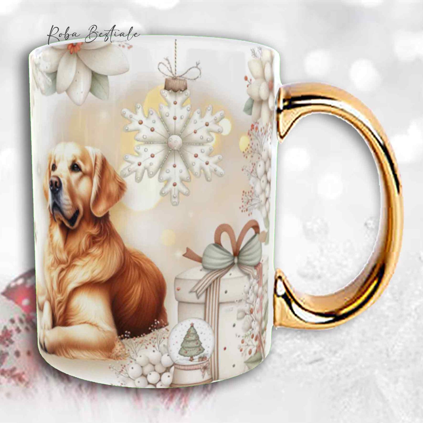 Tazza COZY WINTER - GOLDEN RETRIEVER - In Ceramica, con manico color Oro - 330 ml
