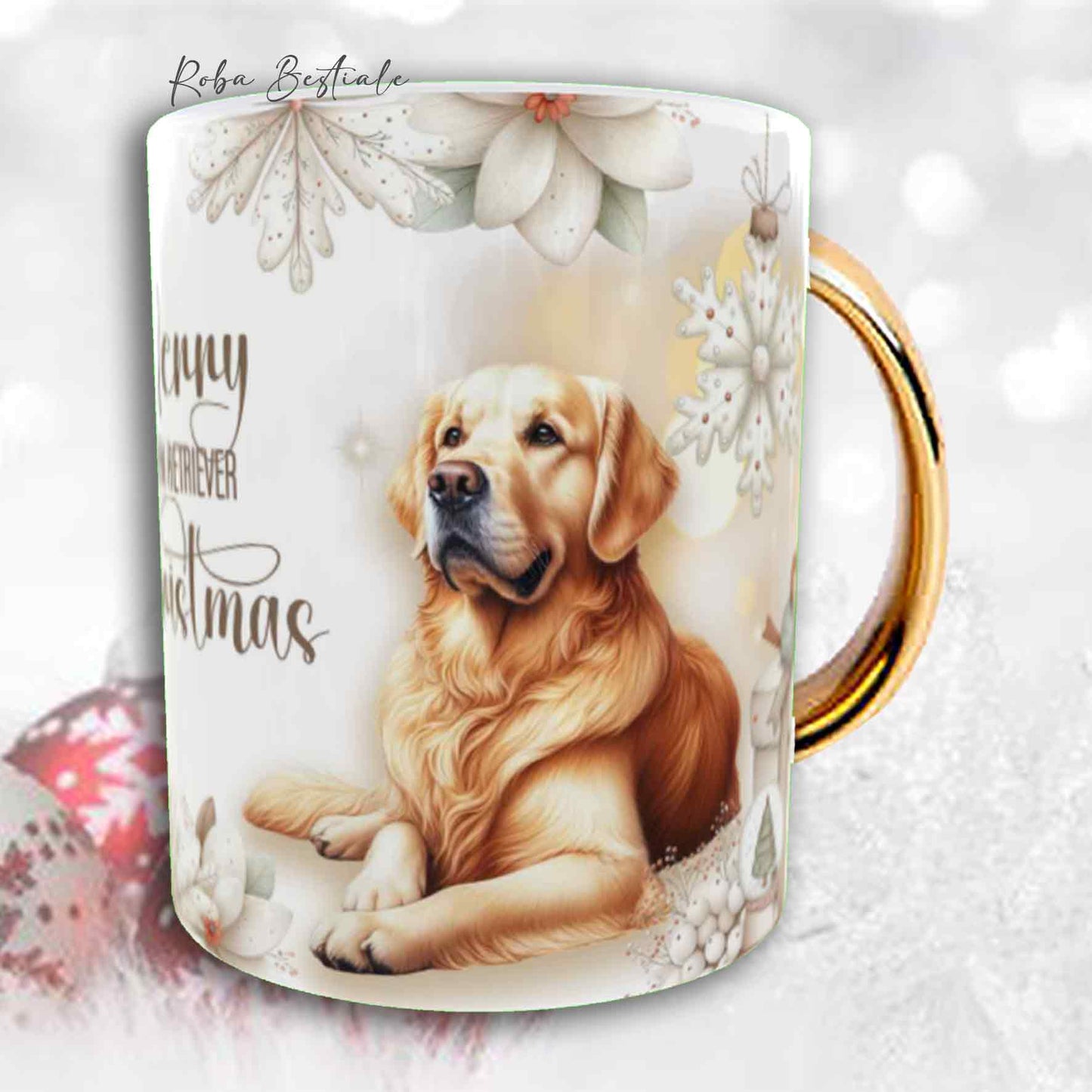 Tazza COZY WINTER - GOLDEN RETRIEVER - In Ceramica, con manico color Oro - 330 ml