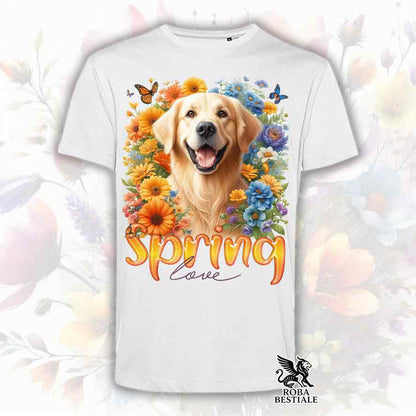 T-Shirt SPRING LOVE - GOLDEN RETRIEVER - Bianca o Beige, da Uomo o da Donna - dalla XS alla 5XL