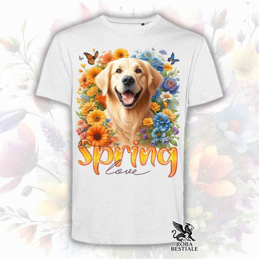 T-Shirt SPRING LOVE - GOLDEN RETRIEVER - Bianca o Beige, da Uomo o da Donna - dalla XS alla 5XL