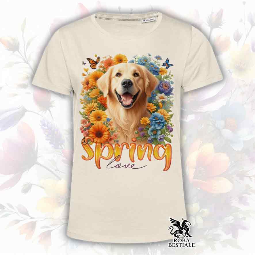 T-Shirt SPRING LOVE - GOLDEN RETRIEVER - Bianca o Beige, da Uomo o da Donna - dalla XS alla 5XL