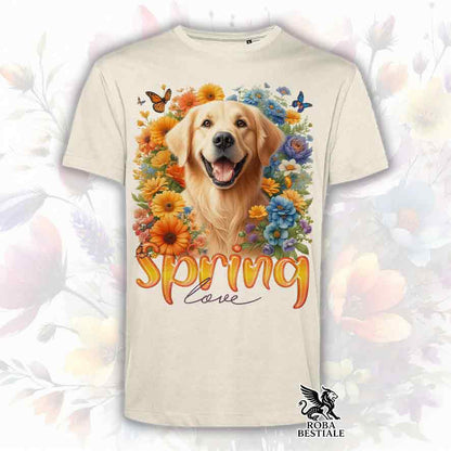 T-Shirt SPRING LOVE - GOLDEN RETRIEVER - Bianca o Beige, da Uomo o da Donna - dalla XS alla 5XL