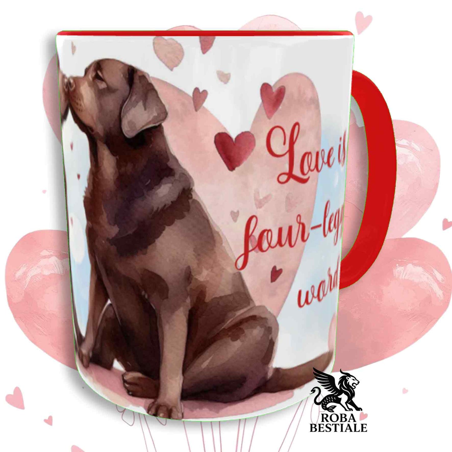 Tazza LOVE ME - LABRADOR RETRIEVER Cioccolato - In Ceramica, con dettagli Rossi - 330 ml