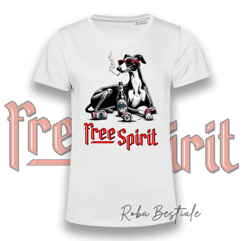 T-Shirt FREE SPIRIT - GREYHOUND - Bianca, da Uomo o da Donna - dalla XS alla 5XL