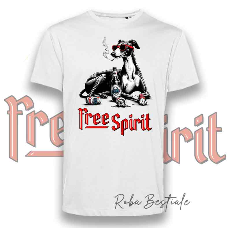 T-Shirt FREE SPIRIT - GREYHOUND - Bianca, da Uomo o da Donna - dalla XS alla 5XL