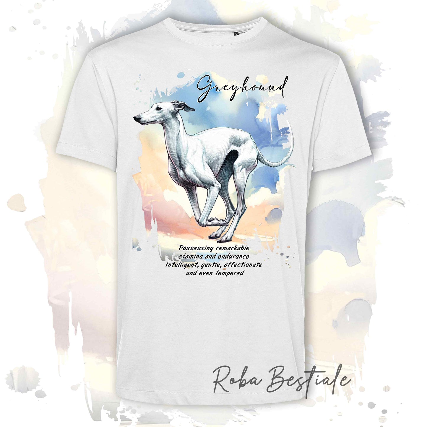 T-Shirt BEHAVIOR - GREYHOUND Bianco - Standard FCI - 100% Cotone, Bianca, Uomo o Donna - dalla XS alla 5XL