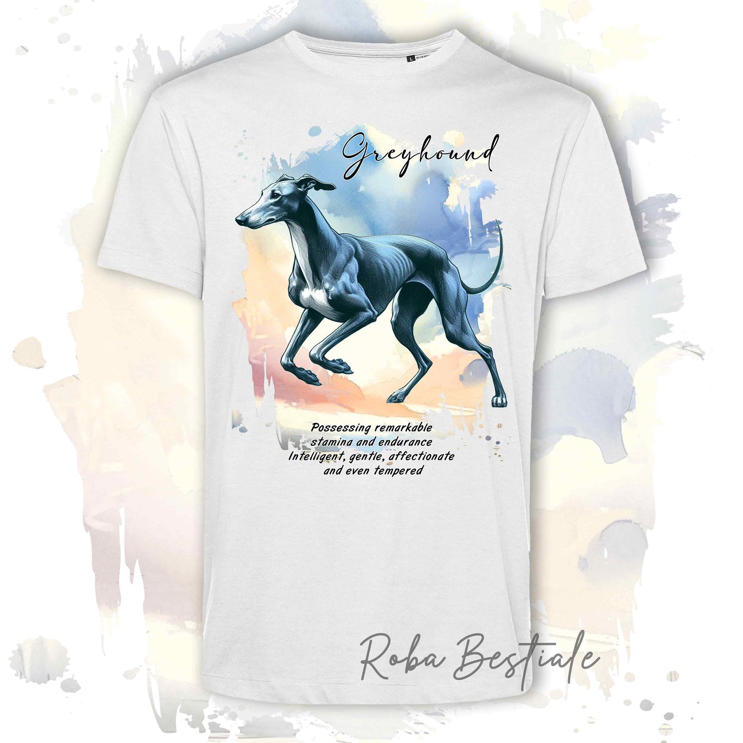 T-Shirt BEHAVIOR - GREYHOUND Blue - Standard FCI - 100% Cotone, Bianca, Uomo o Donna - dalla XS alla 5XL