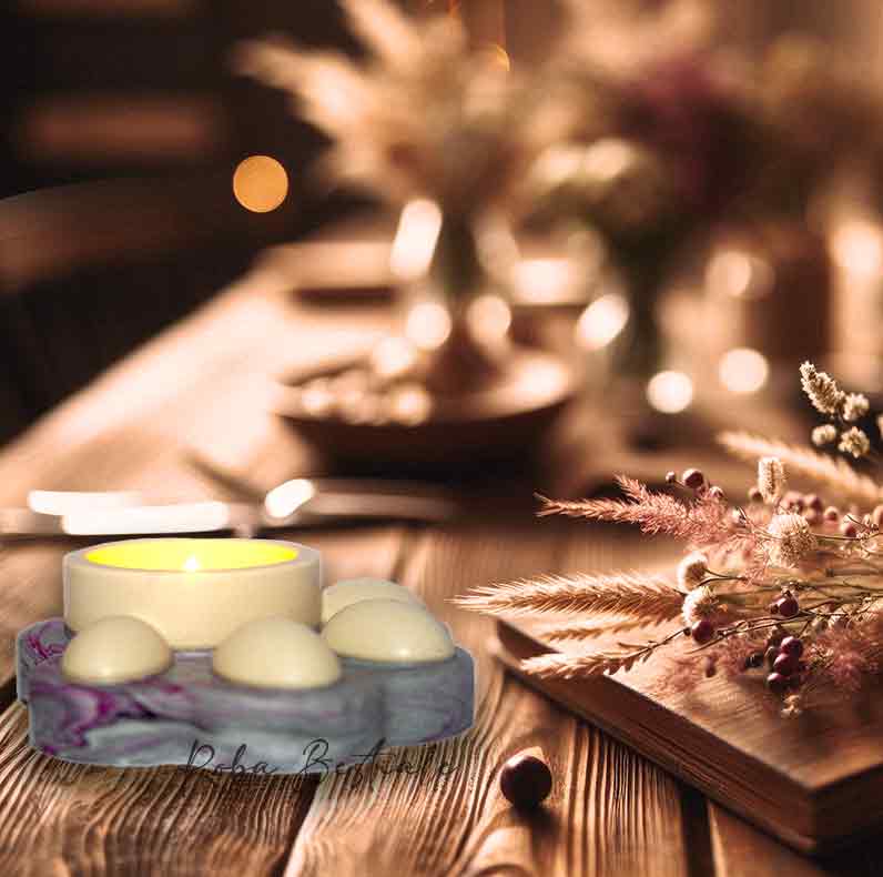 Porta Tea Light ZAMPINA - Base Grigio Marmorizzato Viola & dettagli Crema - in Jesmonite - 9x9 cm