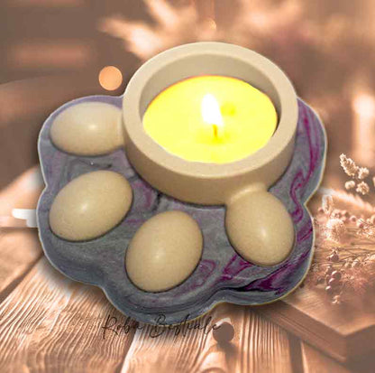 Porta Tea Light ZAMPINA - Base Grigio Marmorizzato Viola & dettagli Crema - in Jesmonite - 9x9 cm