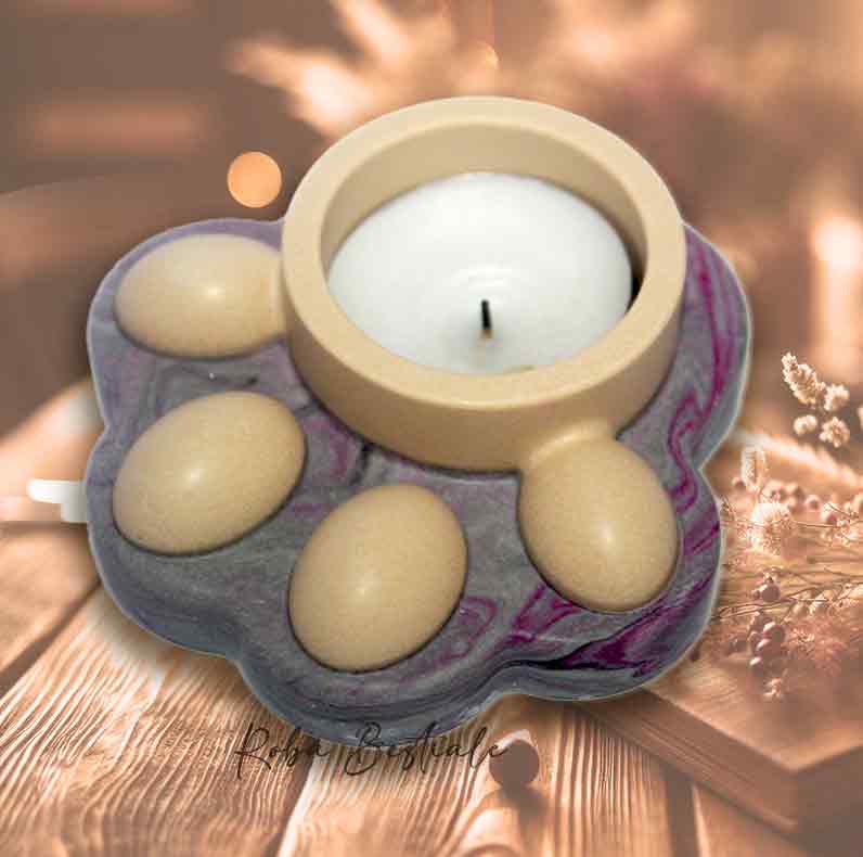 Porta Tea Light ZAMPINA - Base Grigio Marmorizzato Viola & dettagli Crema - in Jesmonite - 9x9 cm