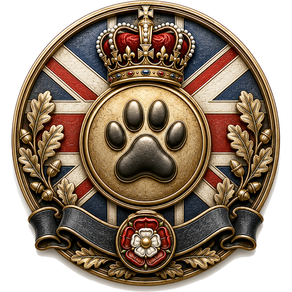 Un badge che identifica la Gran Bretagna come paese d'origine di cani di diverse razze
