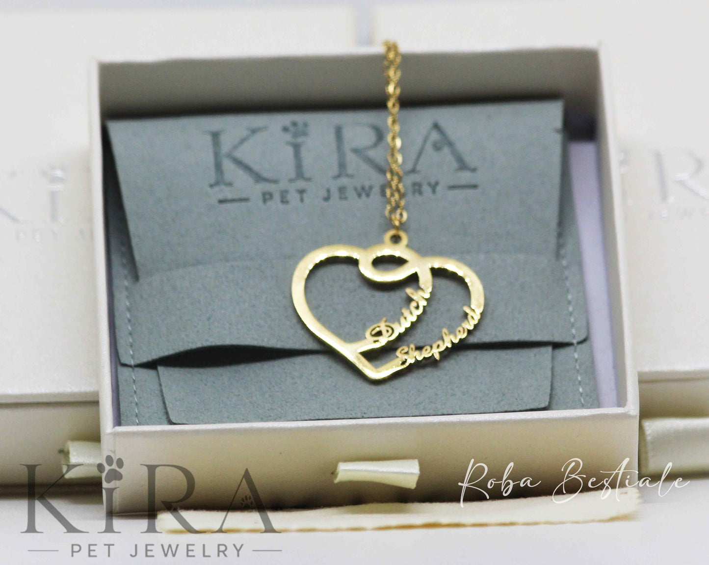 Collana KIRA PET JEWERLY - HEARTS - DUTCH SHEPHERD - In Acciaio Inox color ORO - Con catenella a maglia fine