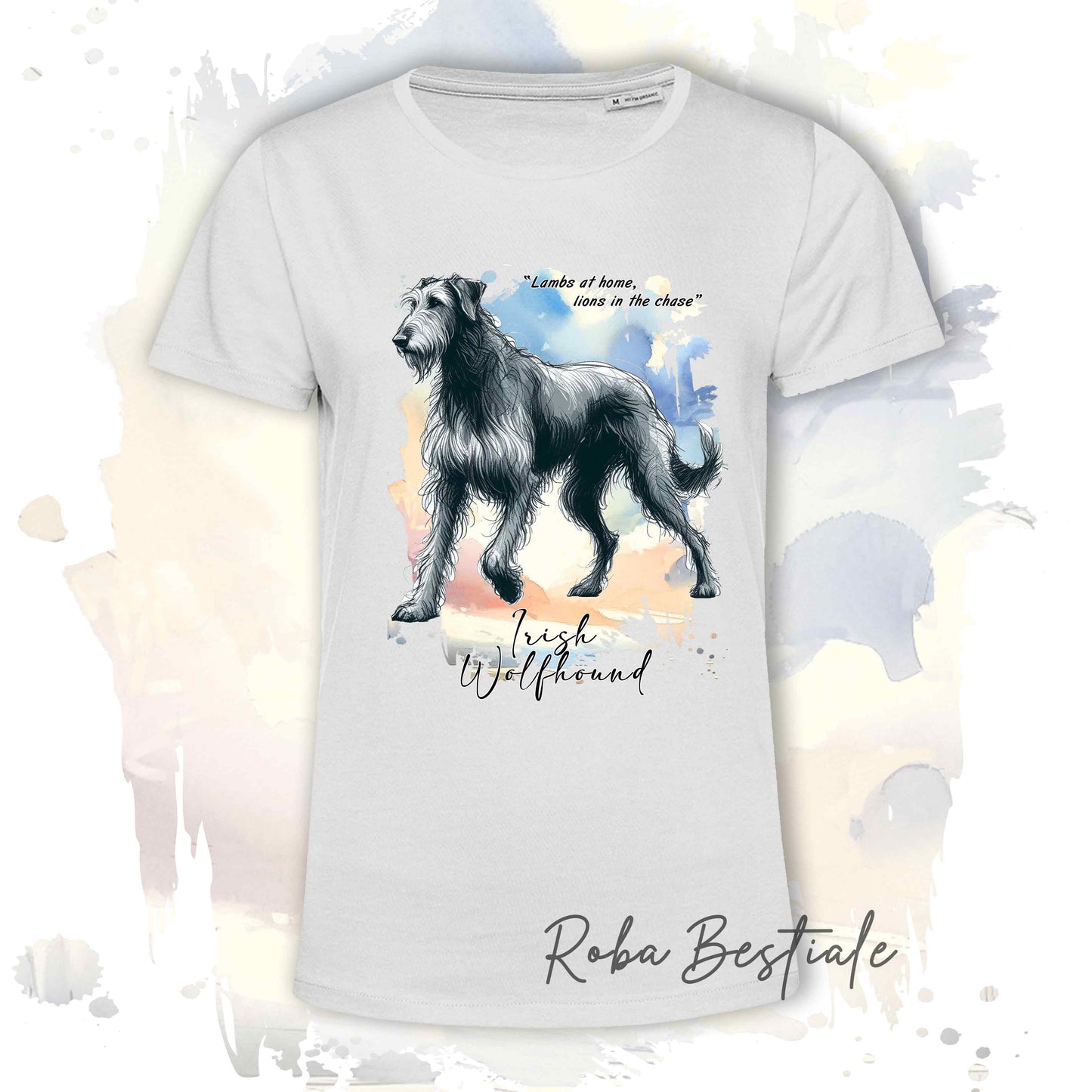 T-Shirt BEHAVIOR - IRISH WOLFHOUND Grigio - Standard FCI - 100% Cotone, Bianca, Uomo o Donna - dalla XS alla 5XL