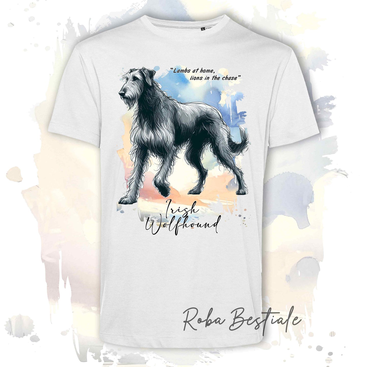 T-Shirt BEHAVIOR - IRISH WOLFHOUND Grigio - Standard FCI - 100% Cotone, Bianca, Uomo o Donna - dalla XS alla 5XL