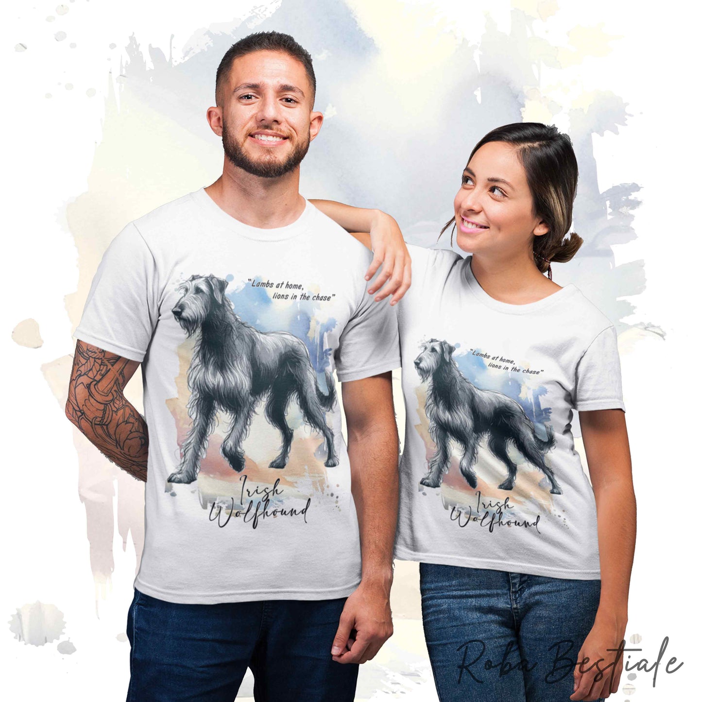 T-Shirt BEHAVIOR - IRISH WOLFHOUND Grigio - Standard FCI - 100% Cotone, Bianca, Uomo o Donna - dalla XS alla 5XL