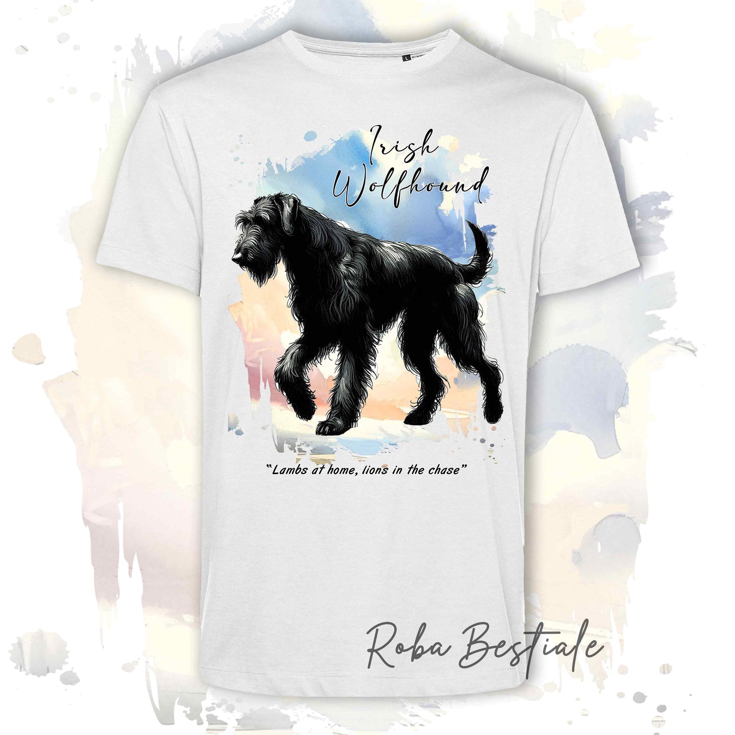 T-Shirt BEHAVIOR - IRISH WOLFHOUND Nero - Standard FCI - 100% Cotone, Bianca, Uomo o Donna - dalla XS alla 5XL