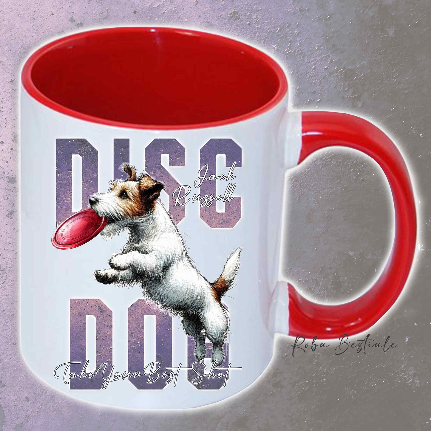 Tazza APTITUDE - DISC DOG - JACK RUSSELL TERRIER Broken - In Ceramica, con manico e interno colorato - 330 ml