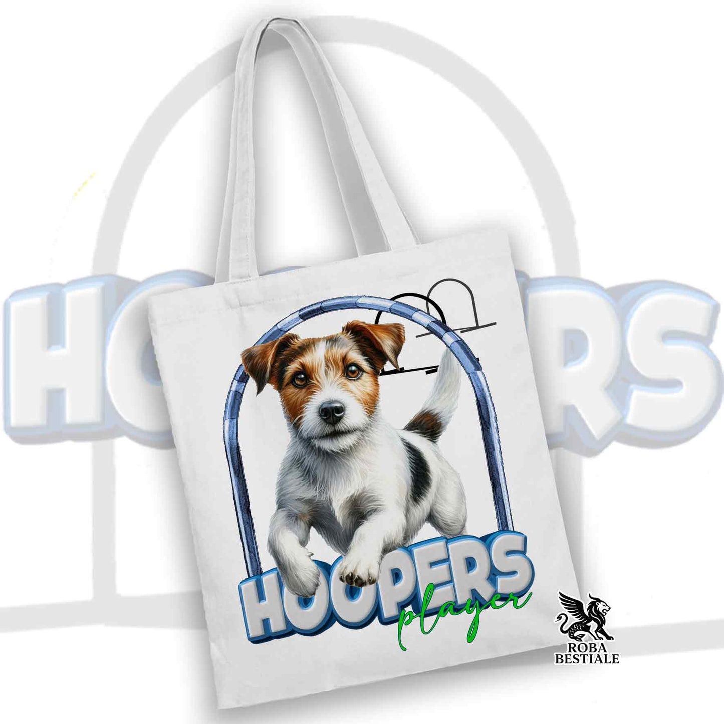 Tote Bag HOOPERS Player - JACK RUSSELL TERRIER Broken - 100% Cotone - Bianca o Beige