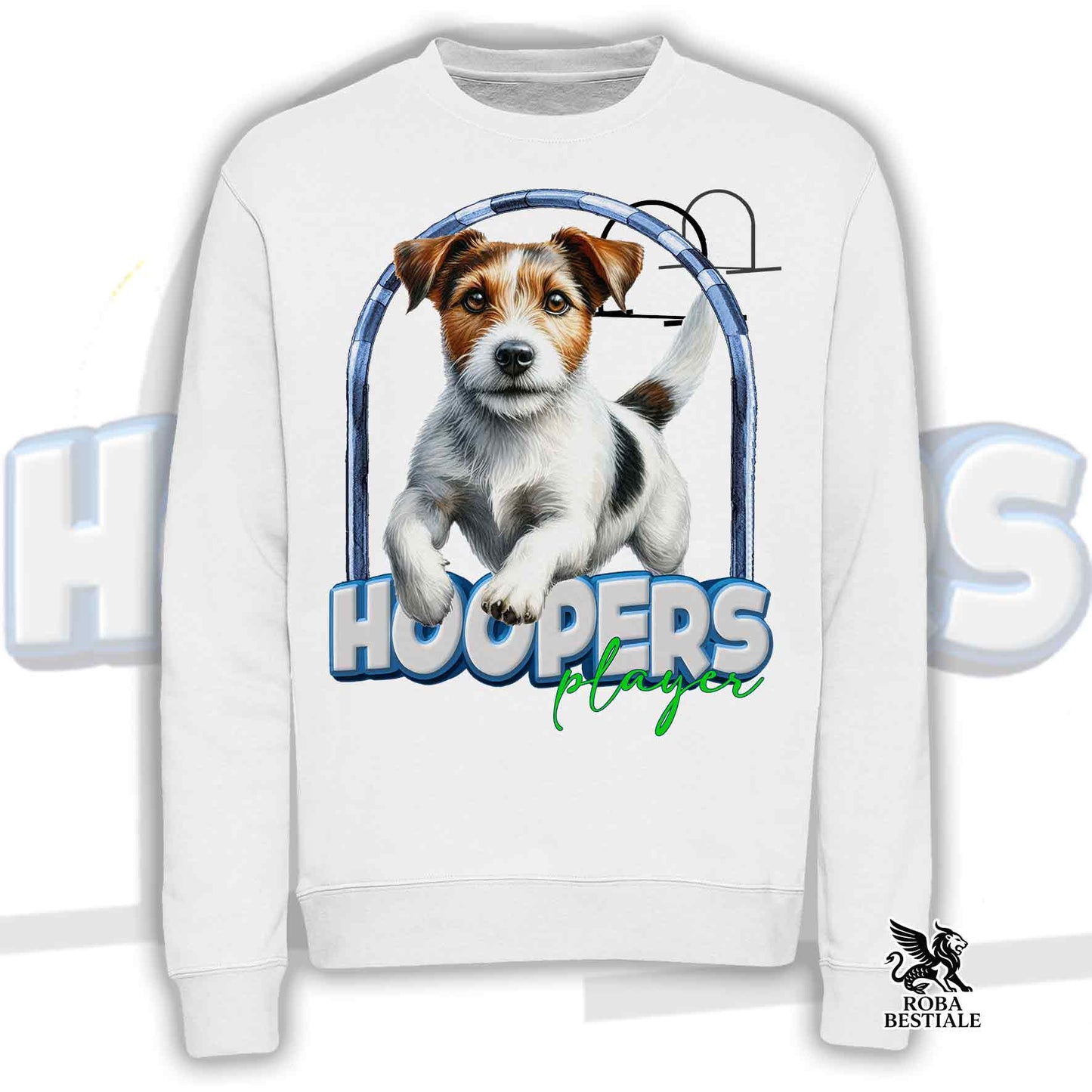 Sweat HOOPERS Player - JACK RUSSELL TERRIER Broken - Col rond, Unisexe - Blanc ou Beige - du XS au 3XL