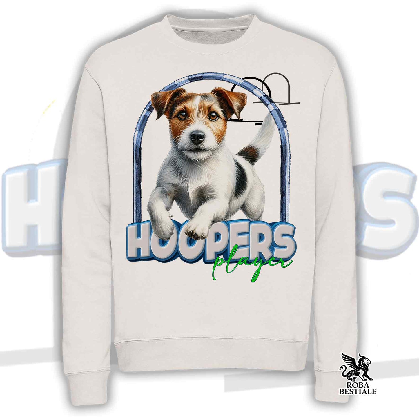 Sweat HOOPERS Player - JACK RUSSELL TERRIER Broken - Col rond, Unisexe - Blanc ou Beige - du XS au 3XL