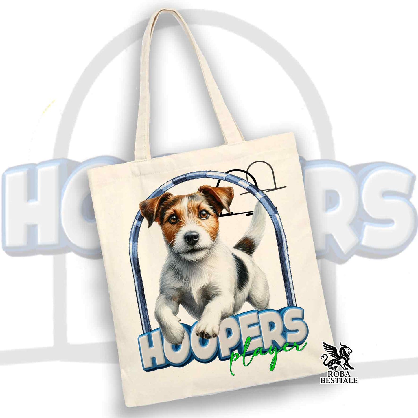 Tote Bag HOOPERS Player - JACK RUSSELL TERRIER Broken - 100% Cotone - Bianca o Beige