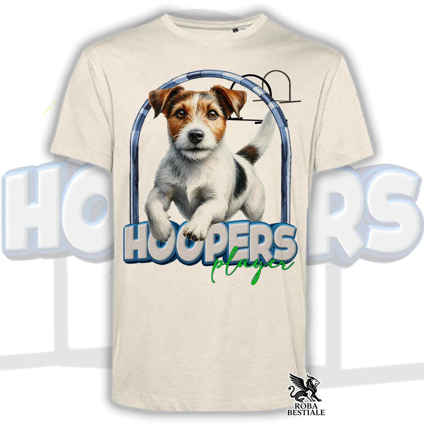T-Shirt HOOPERS Player - JACK RUSSELL TERRIER Broken - Bianca o Beige, da Uomo o da Donna - dalla XS alla 5XL