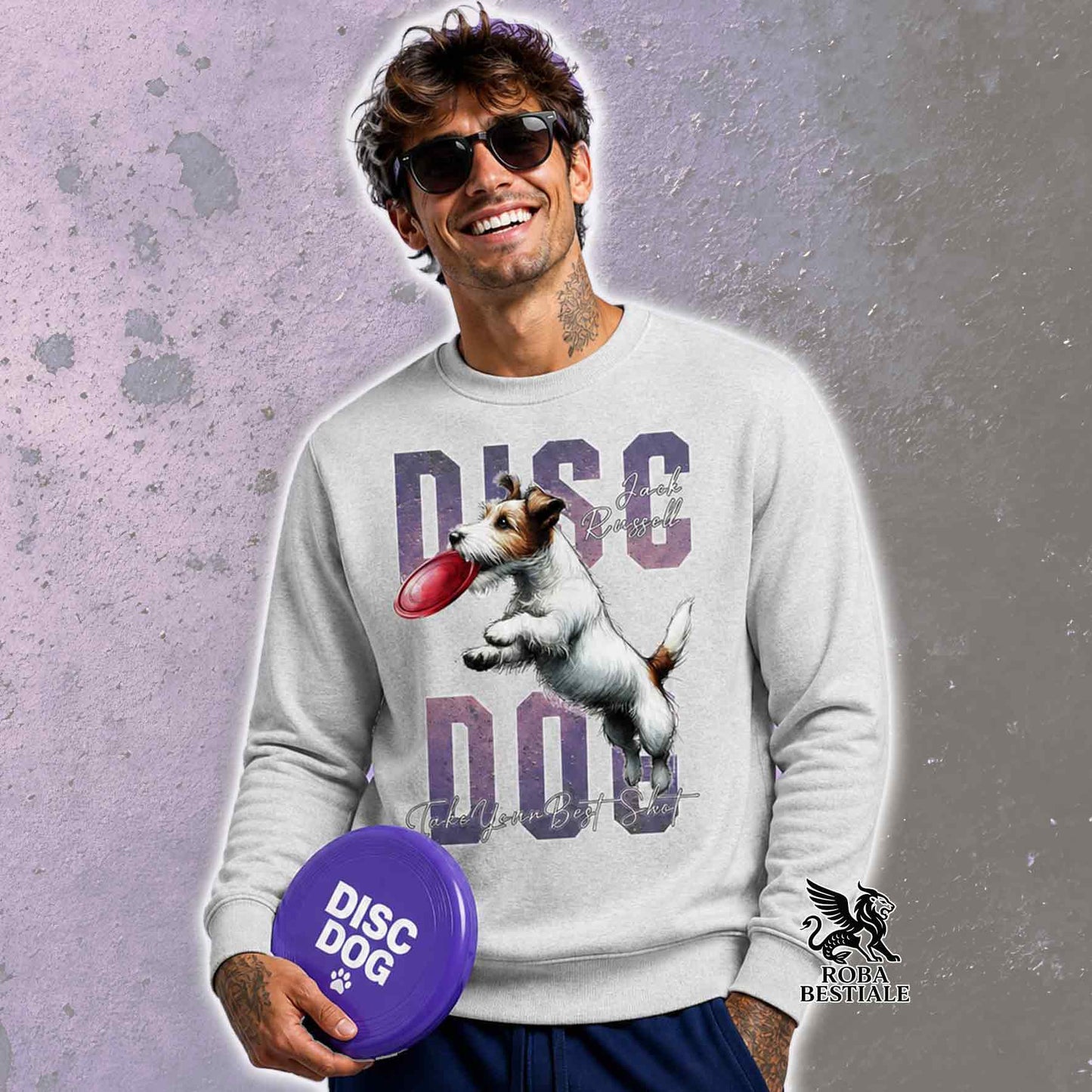 Felpa Invernale APTITUDE - DISC DOG - JACK RUSSELL TERRIER Broken Bianco Fulvo - Girocollo, Unisex, colore a scelta - dalla XS alla 3XL