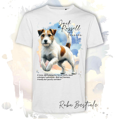 T-Shirt BEHAVIOR - JACK RUSSELL TERRIER  a Pelo RUVIDO Bianco Fulvo - Standard FCI - 100% Cotone, Bianca, Uomo o Donna - dalla XS alla 5XL